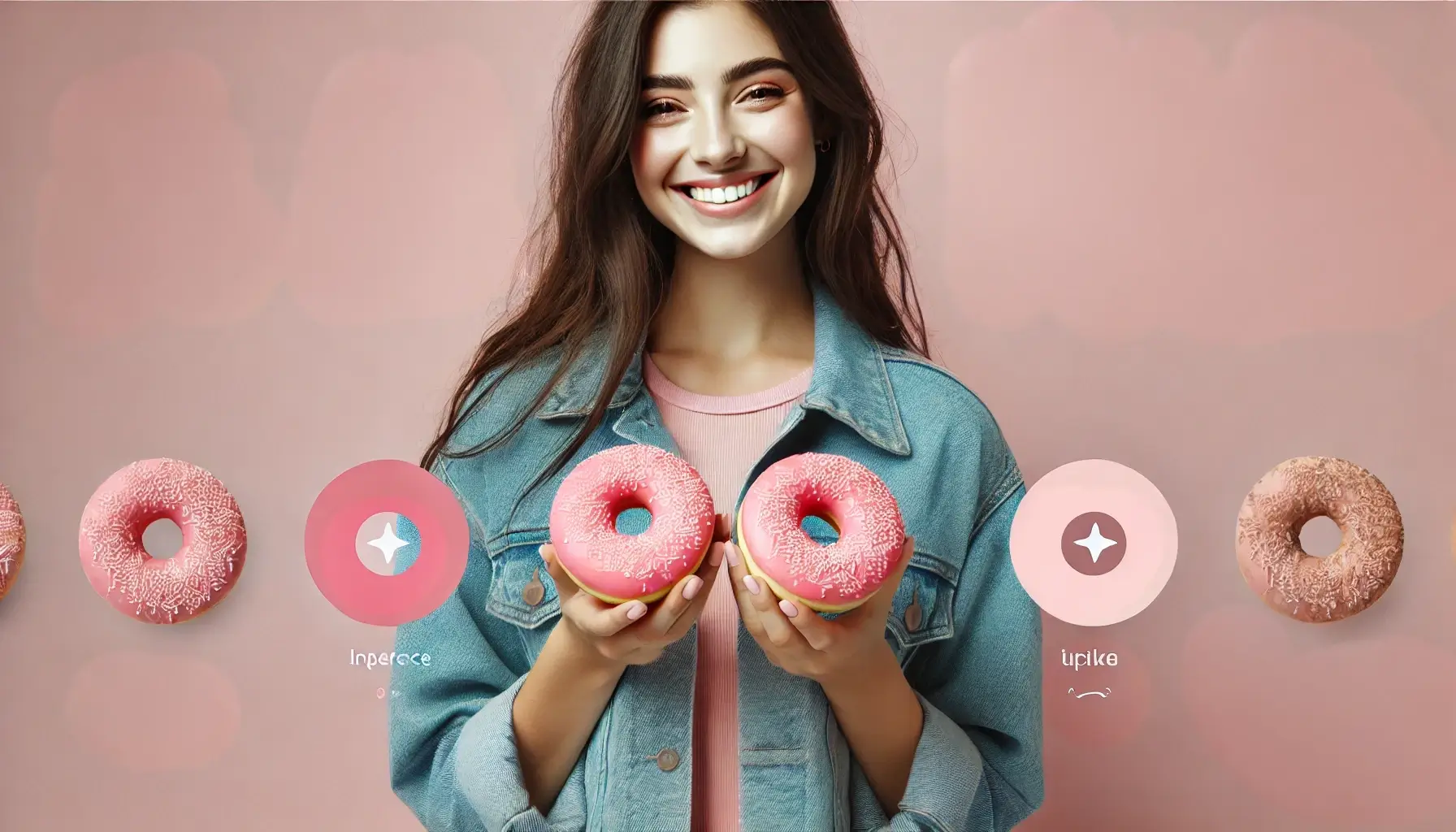 Happy woman holding pink frosted donuts with sprinkles